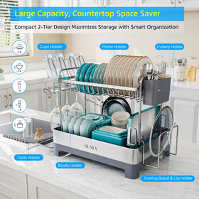 SUNLY large dish drying rack top view reveals integrated drainboard and spout.