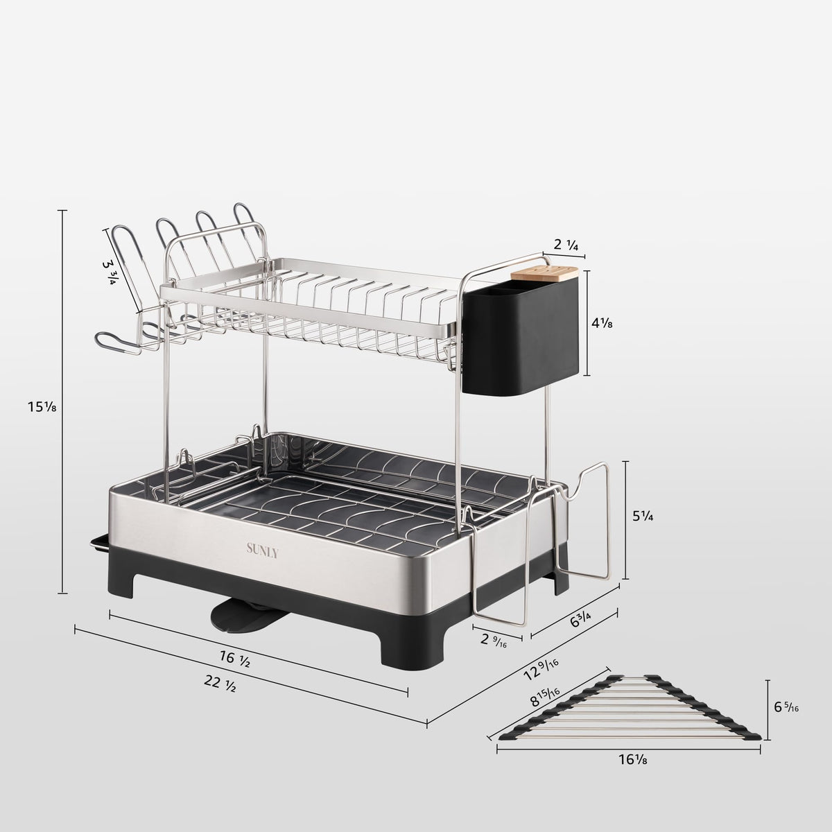 Triangle roll-up rack adds versatile drainage for tools and as a trivet.