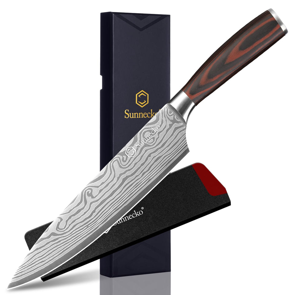 Sunnecko 8-Inch Chef Knife blade edge detail for precise slicing.