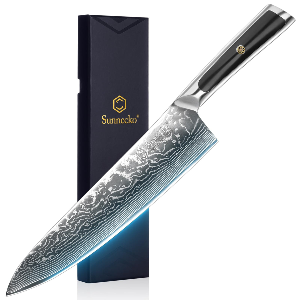 Sunnecko 8-inch Damascus chef knife close-up showing razor-edge precision for effortless slicing