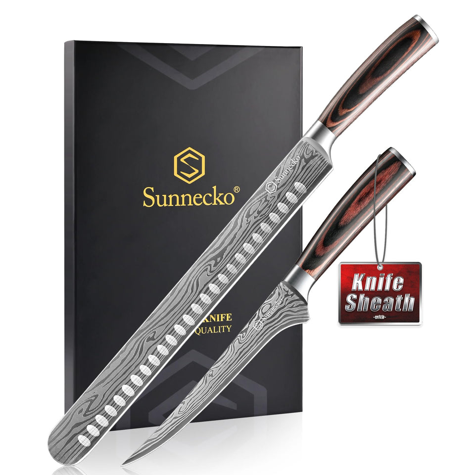 Sunnecko carving knife set with 12-inch brisket slicer for precise meat portions.