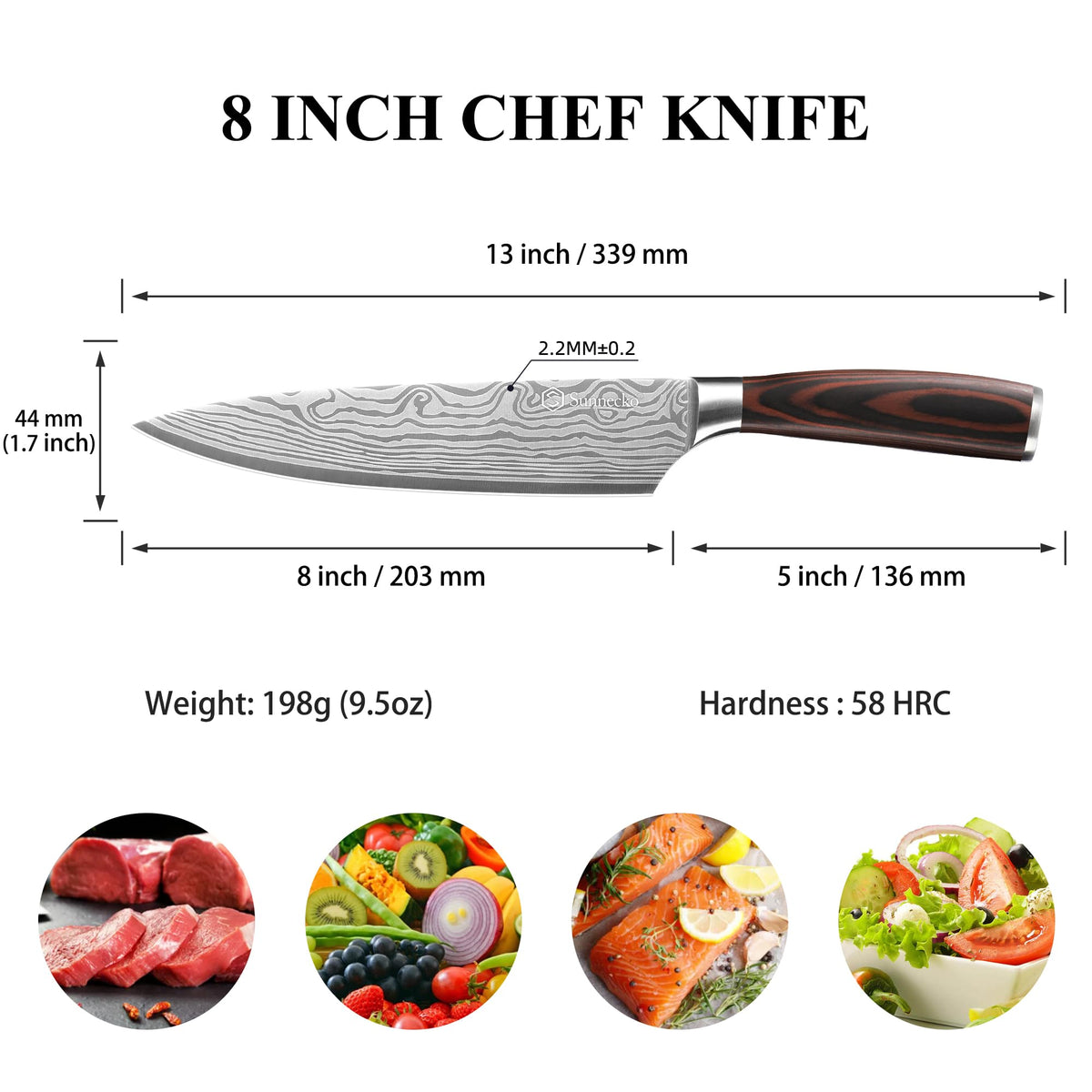 Sunnecko Chef Knife handle in Pakkawood offers comfortable, non-slip grip.
