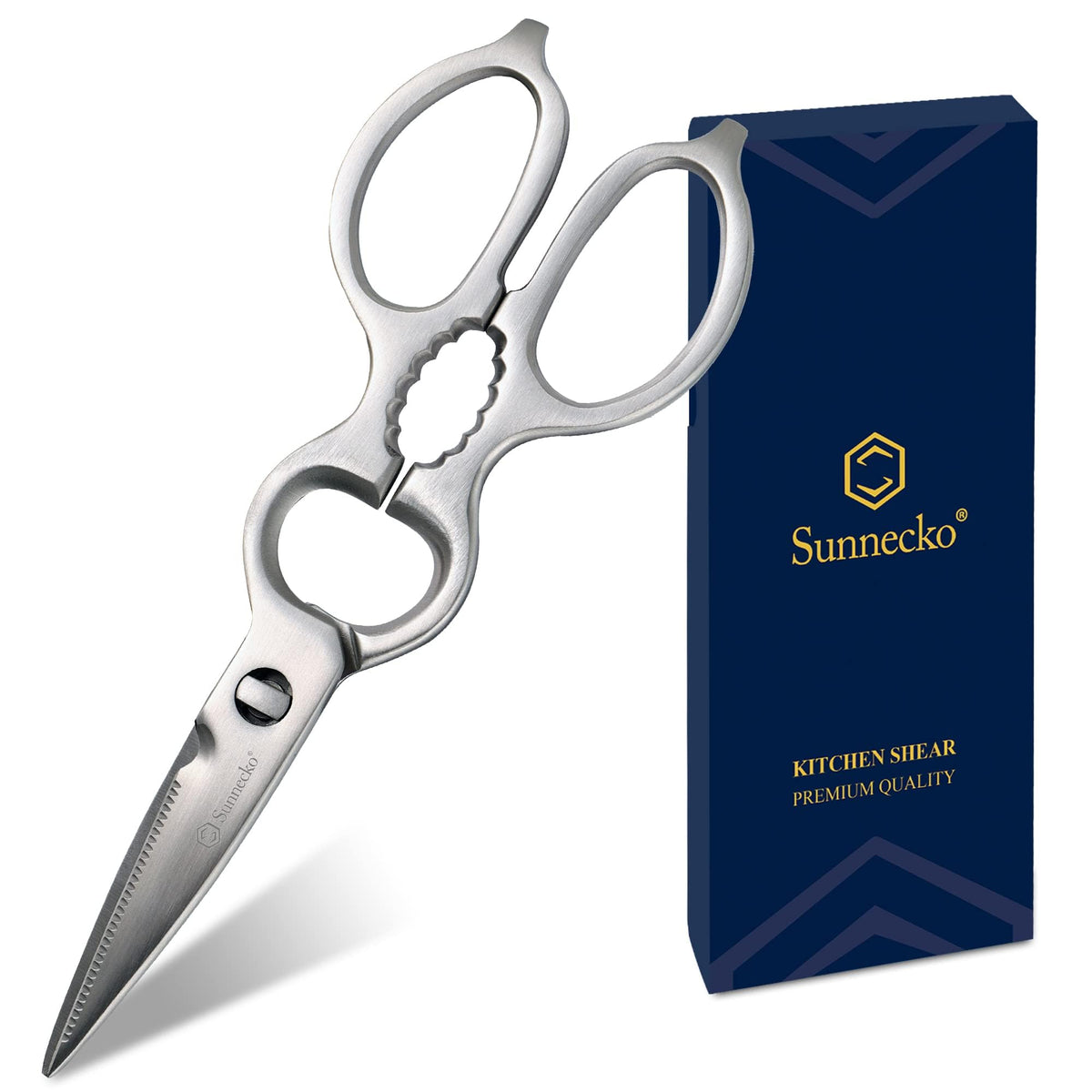 Sunnecko Heavy Duty Kitchen Scissors blade close-up showing ultra sharp serrations for tough cuts