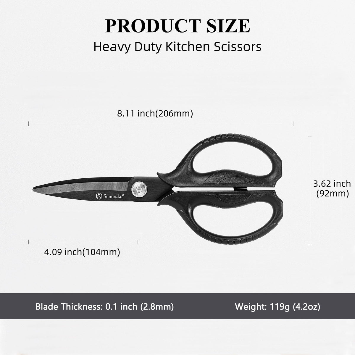 Sunnecko kitchen scissors with ergonomic handles for comfortable, fatigue-free use.