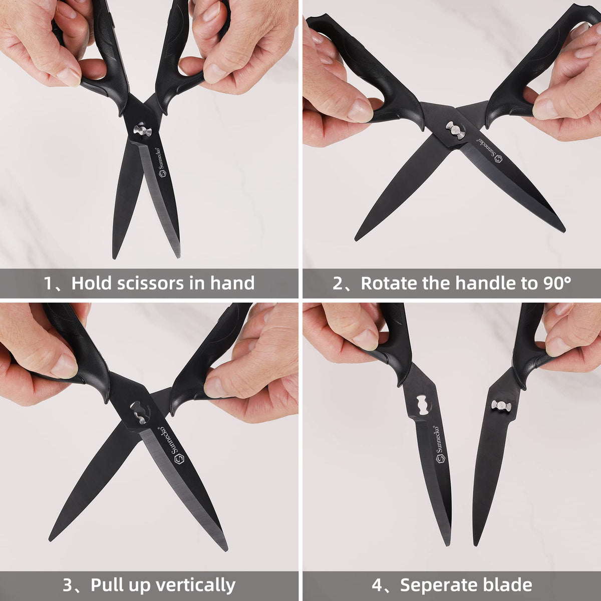 Sunnecko heavy-duty scissors with micro-serrated edge for secure cuts.
