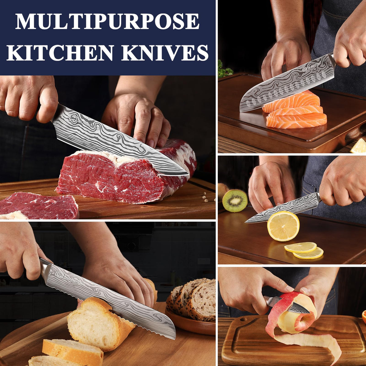 Sunnecko knife set with Pakka-wood handle and blade pattern