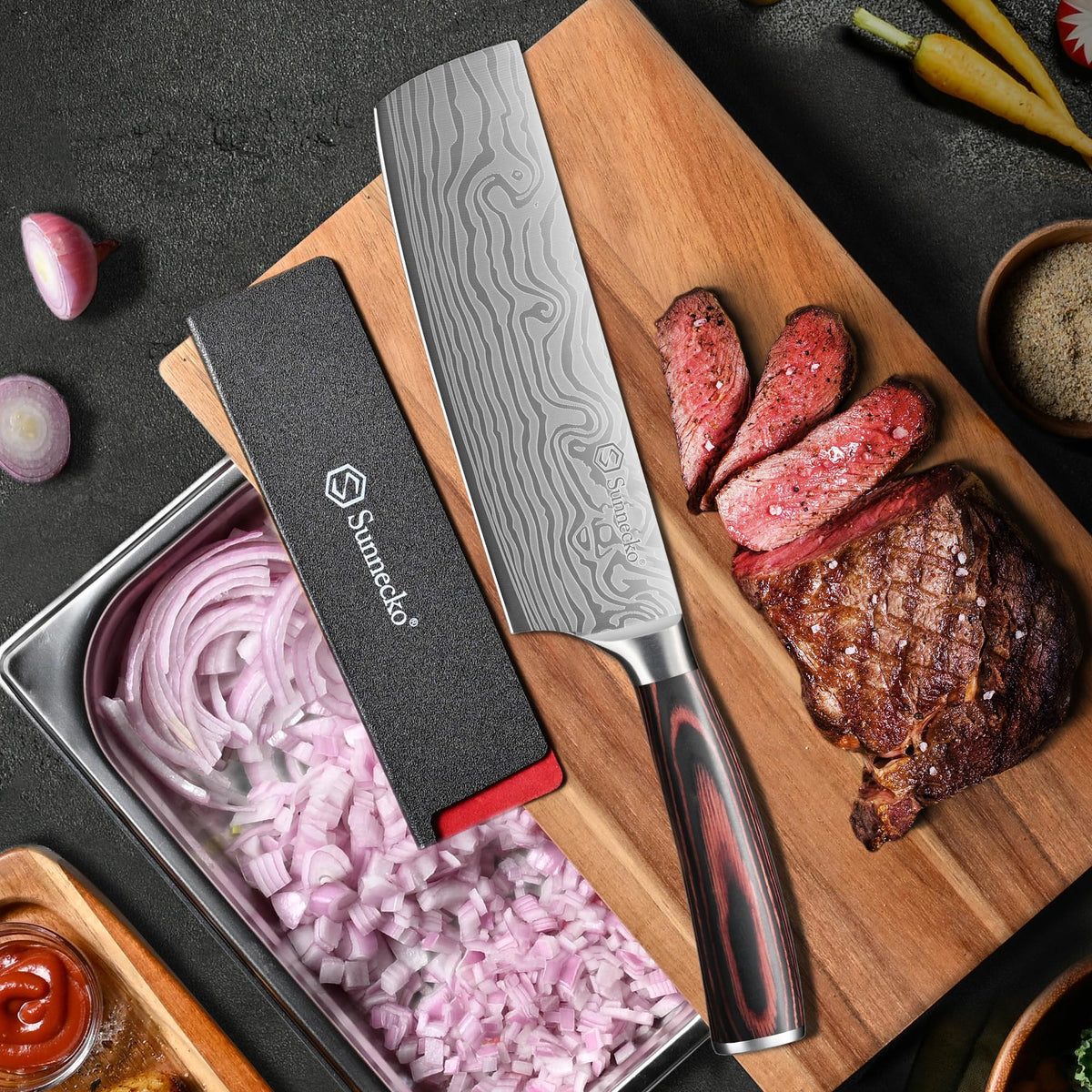 Sunnecko Nakiri 7-inch ergonomic handle promotes comfortable longPrep sessions.