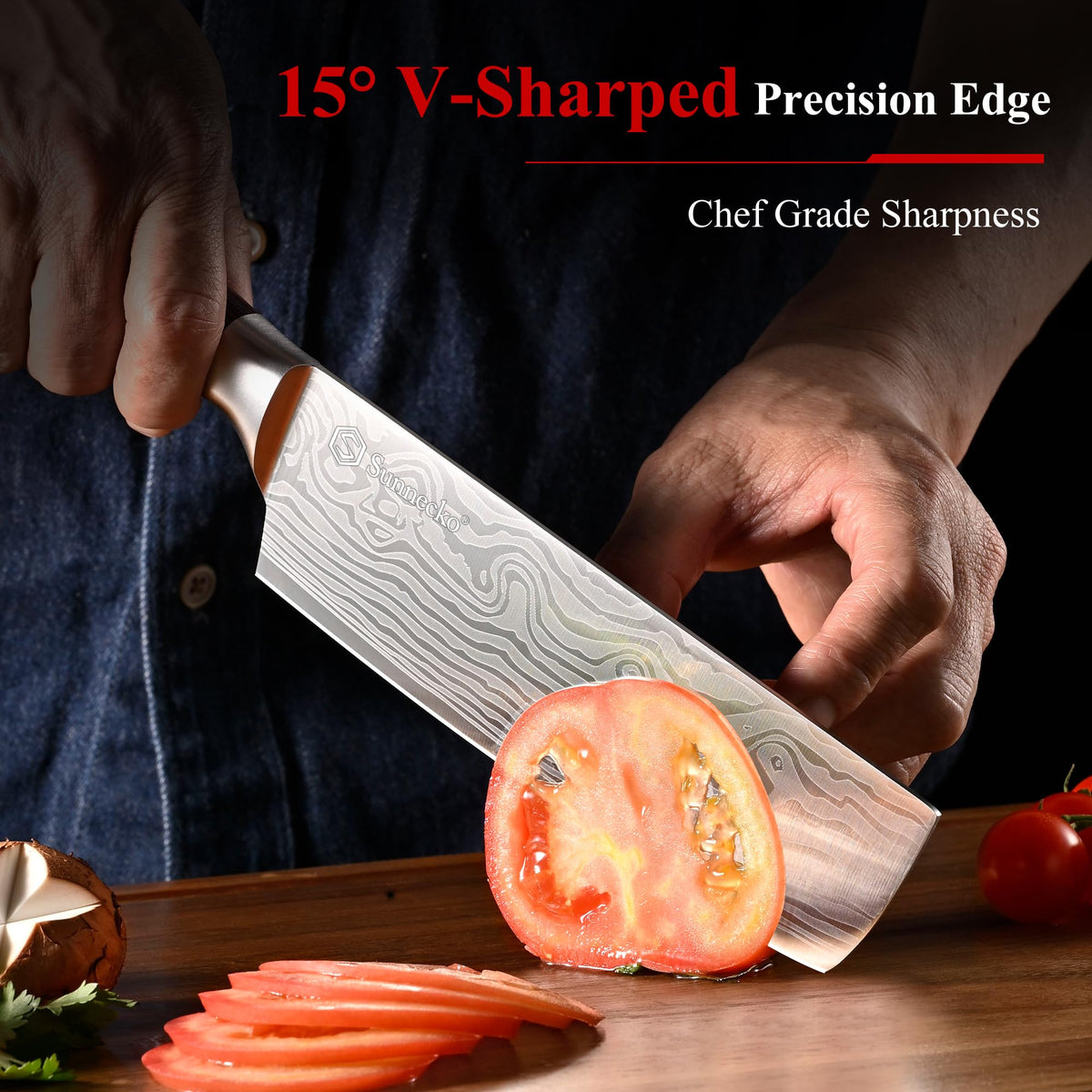 Sunnecko Nakiri 7-inch knife with wavy pattern to reduce sticking and friction.