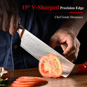 Sunnecko Nakiri 7-inch knife with wavy pattern to reduce sticking and friction.