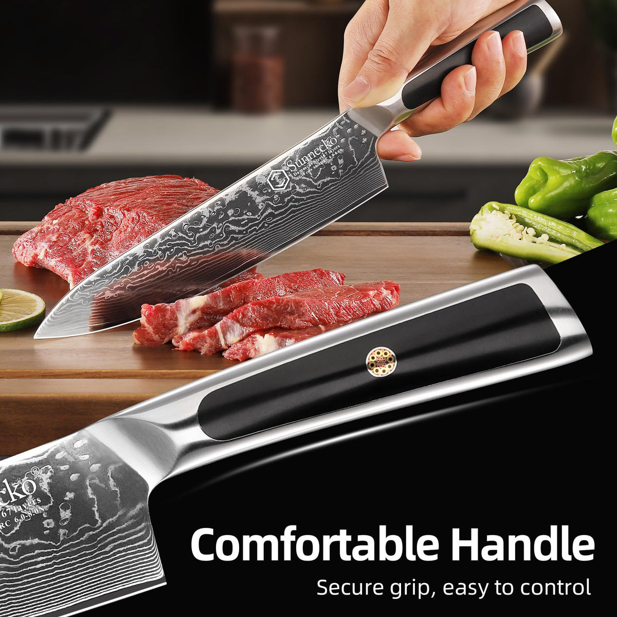 Sunnecko professional kitchen knife in action for slicing, dicing, and chopping