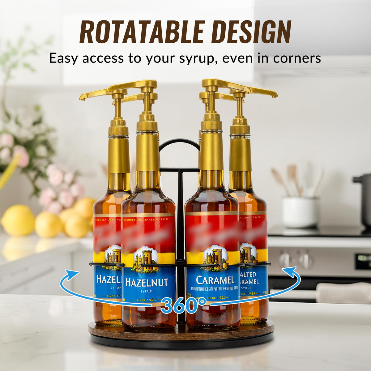 SUNNEKO rotating base with non-slip pads keeps bottles secure while turning.