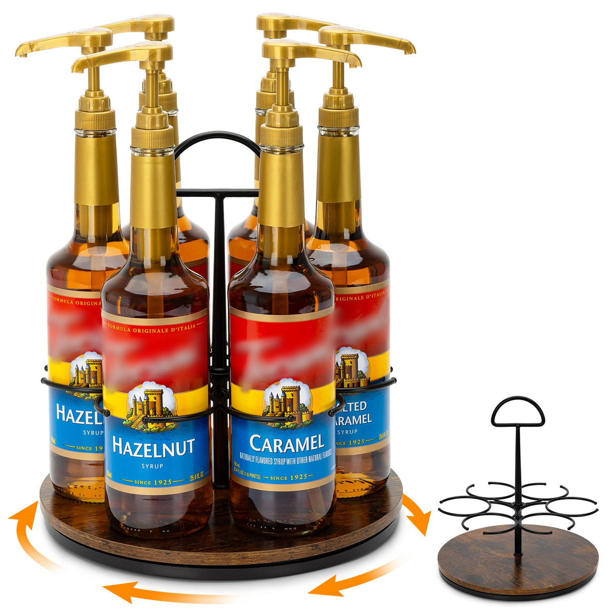 SUNNEKO rotating coffee syrup organizer displaying six bottles for easy access on a countertop.