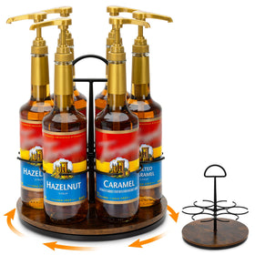 SUNNEKO rotating coffee syrup organizer displaying six bottles for easy access on a countertop.
