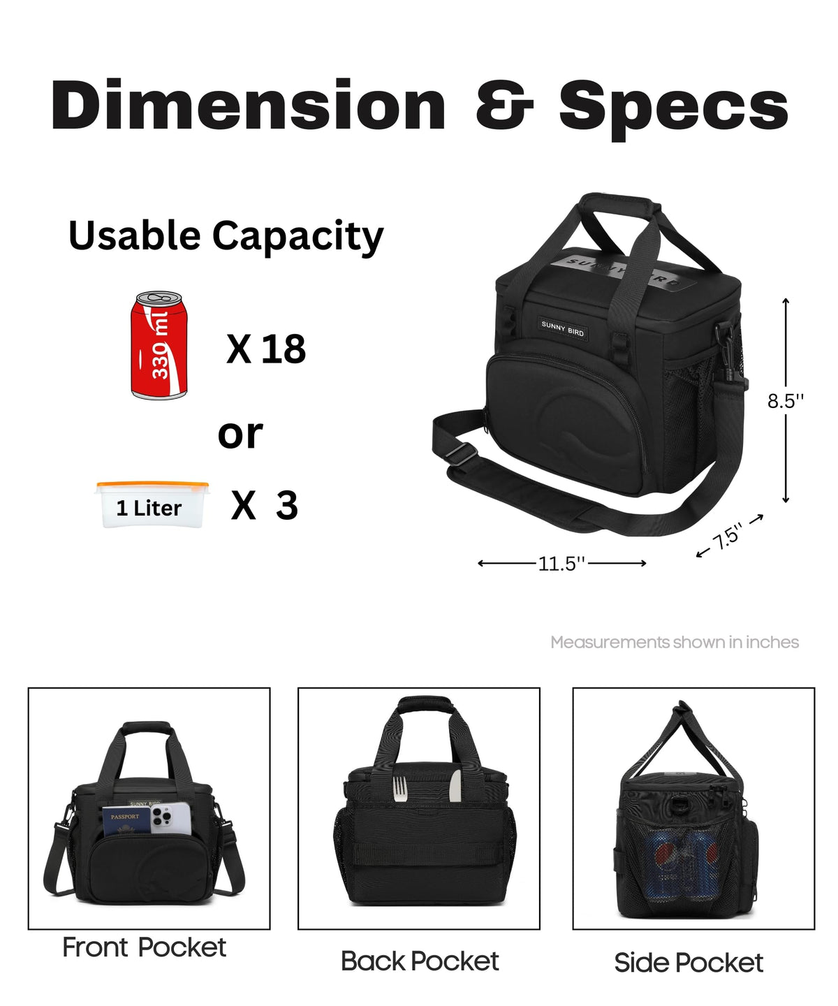 Sunny Bird 12L insulated lunch bag with lid open revealing organized interior and liner.