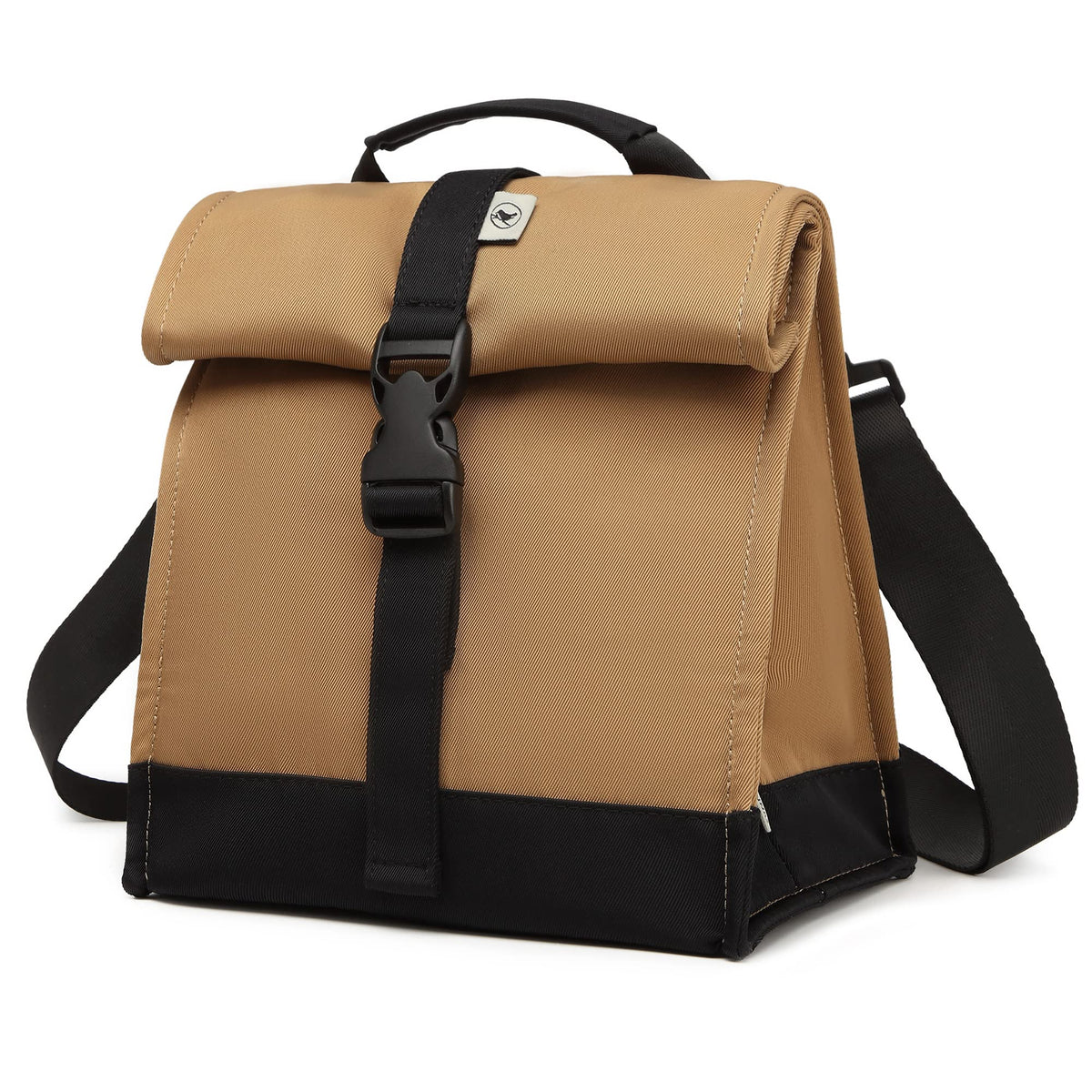 Sunny Bird insulated lunch bag front view with rolltop opening and brown color.