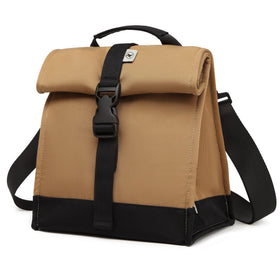 Sunny Bird insulated lunch bag front view with rolltop opening and brown color.