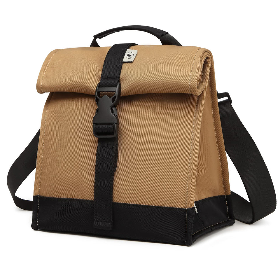 Sunny Bird insulated lunch bag front view with rolltop opening and brown color.