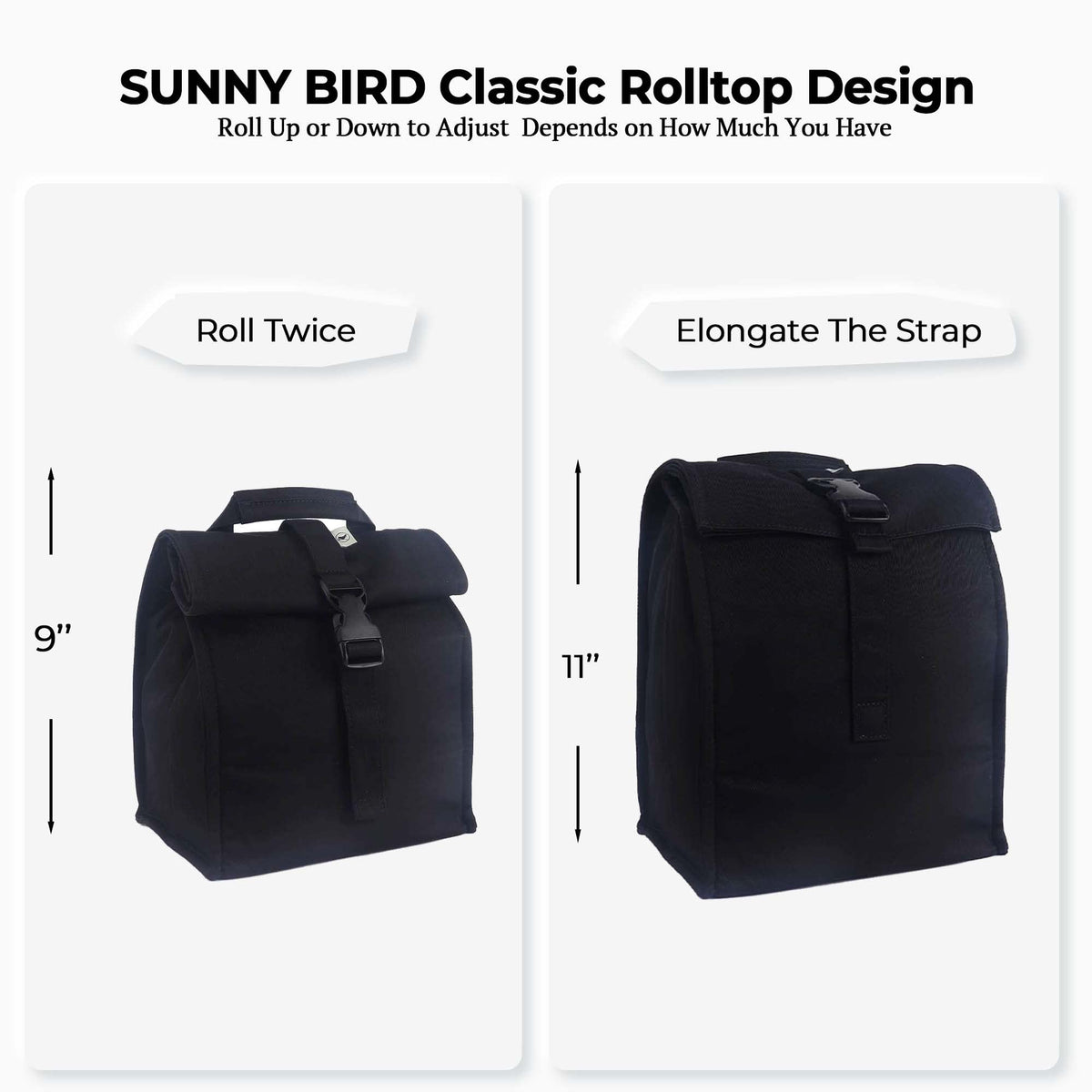 SUNNY BIRD insulated lunch bag rolltop open top for quick snacks access