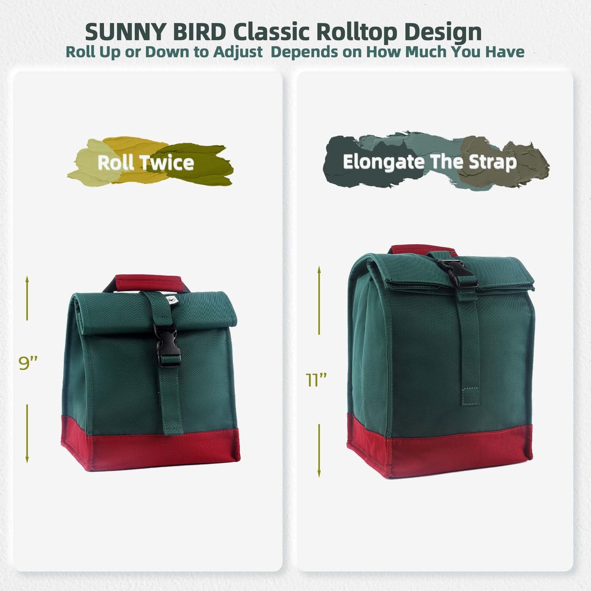 Sunny Bird lunch bag in durable nylon fabric resists wear and cleans easily.