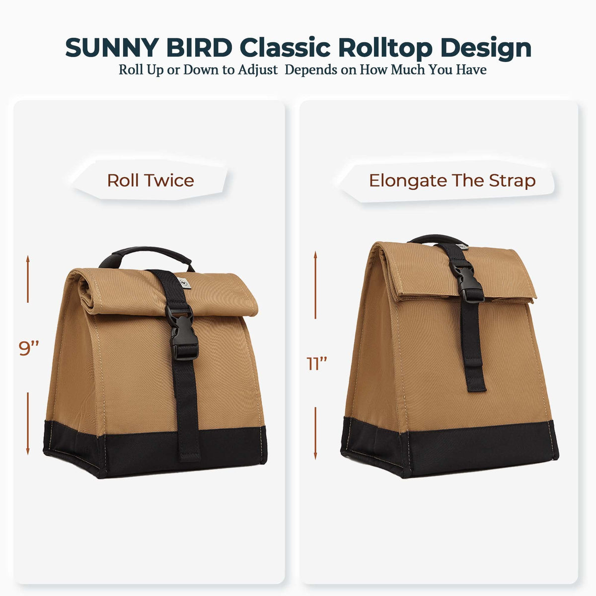 Sunny Bird durable lunch bag with double-stitched seams and rugged nylon.