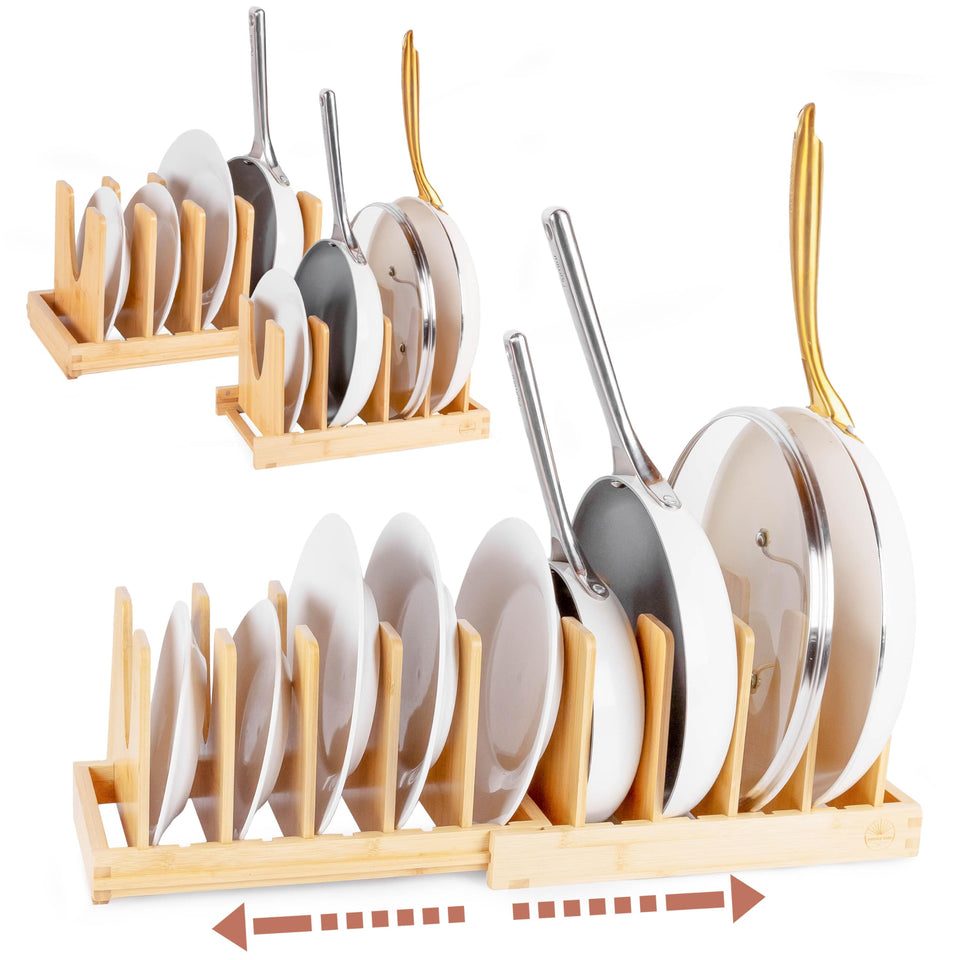 Sunny Tots bamboo pot lid organizer under cabinet keeps lids upright and organized.