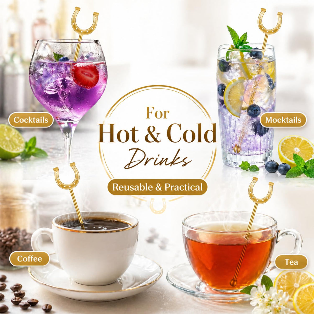 Sunnychicc gold cocktail stirrers provide sturdy, reusable options for hot and cold drinks.