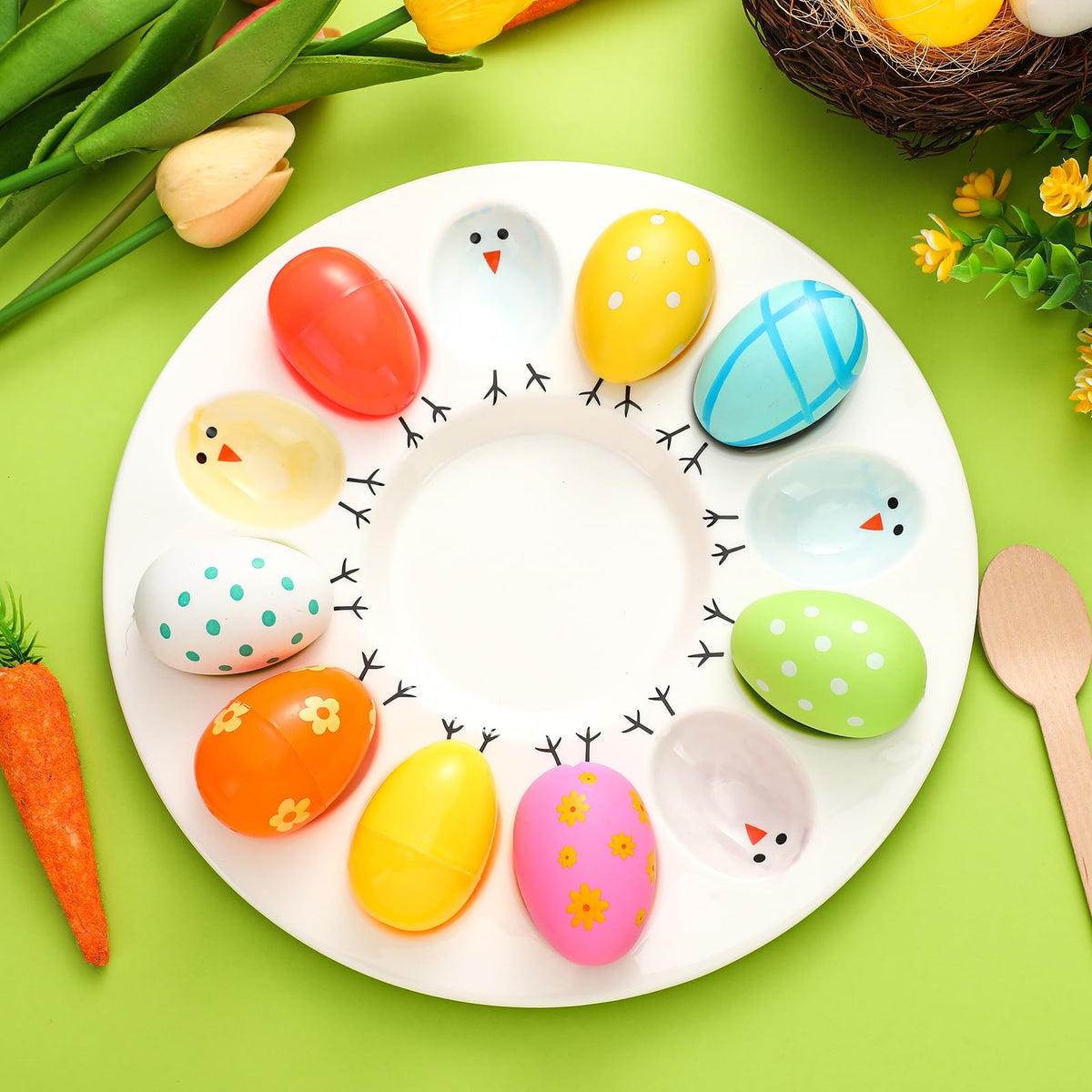 Sunnychicc colorful eggs holder brightens spring table for gatherings.