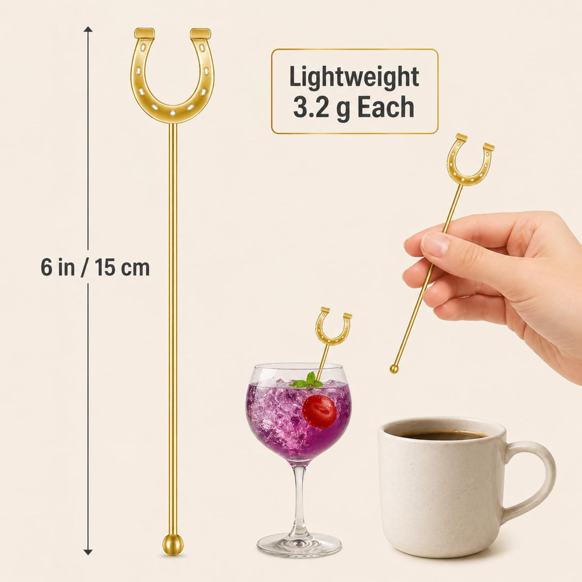Sunnychicc gold horseshoe stirrers add festive flair to weddings and events.
