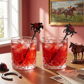 Sunnychicc plastic cocktail stirrers for derby-themed drinks.