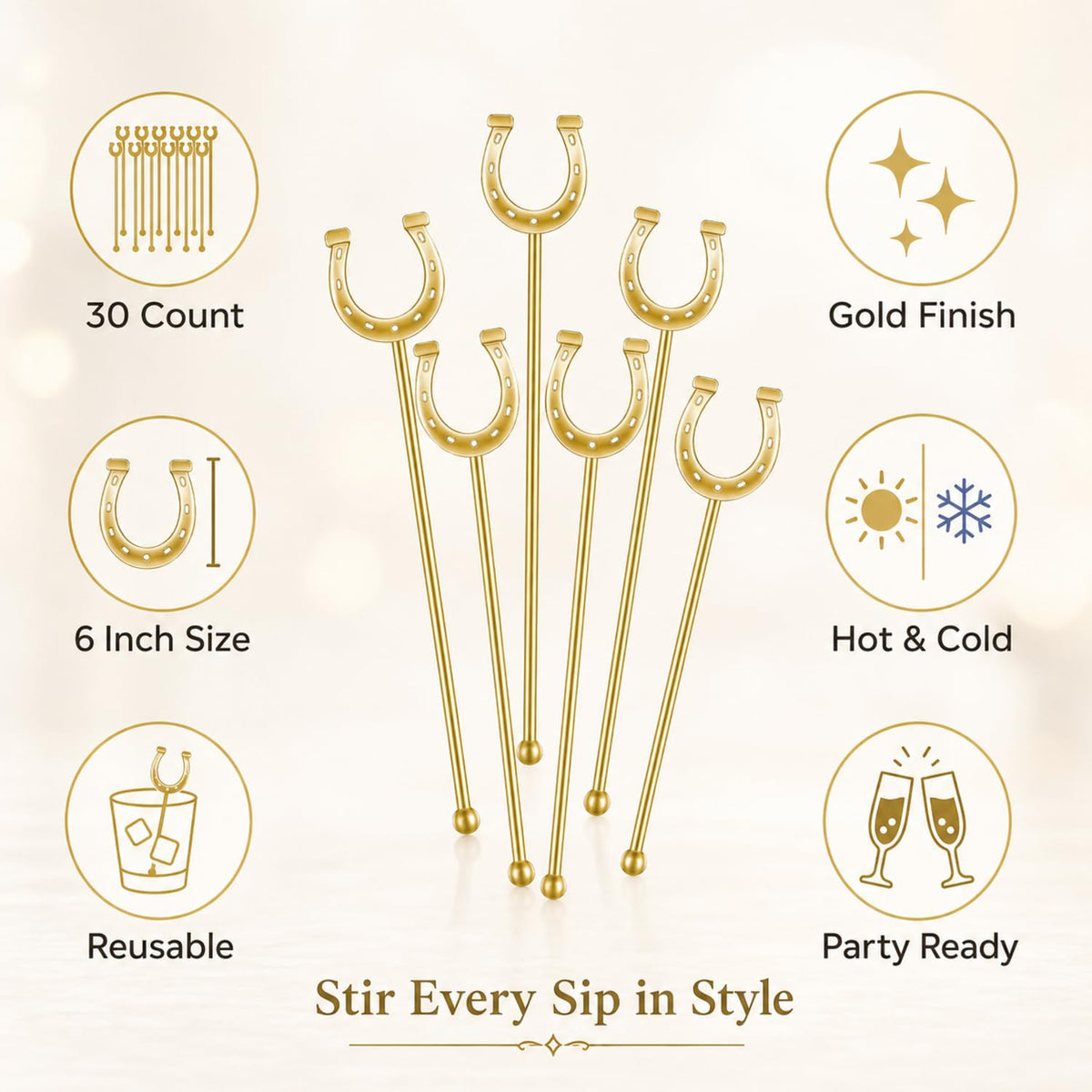 Sunnychicc gold horseshoe stirrers bring elegant decor to bar setups.