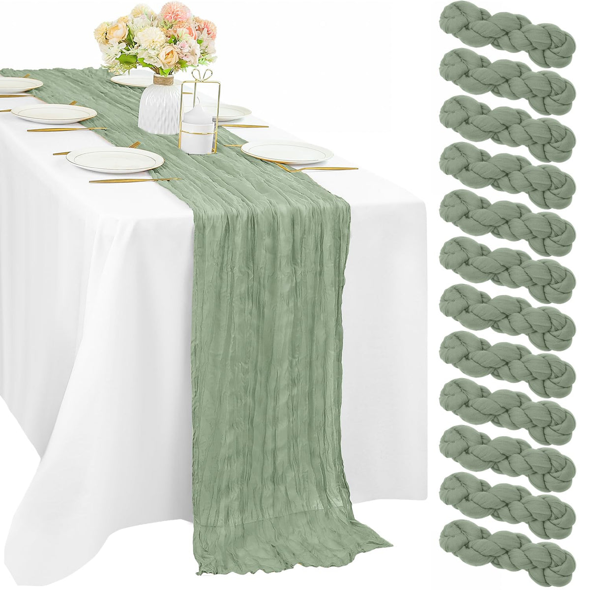 Sunnyline sage green cheesecloth table runner for rustic wedding tables.
