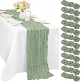 Sunnyline sage green cheesecloth table runner for rustic wedding tables.