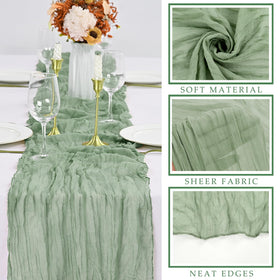 Sunnyline sage green cheesecloth table runner laid along a long banquet table.