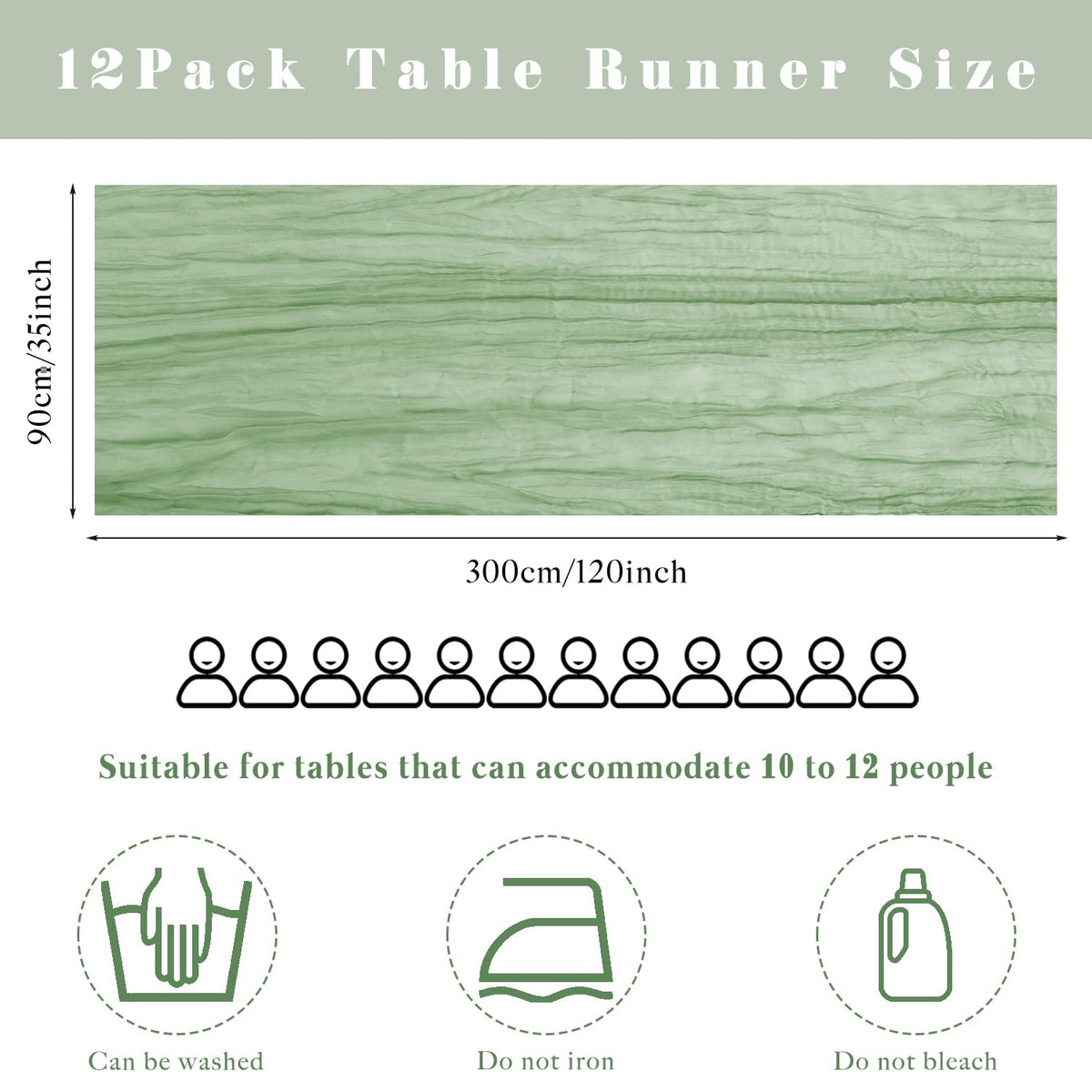 Sunnyline sage green cheesecloth table runner shows soft gauze texture.