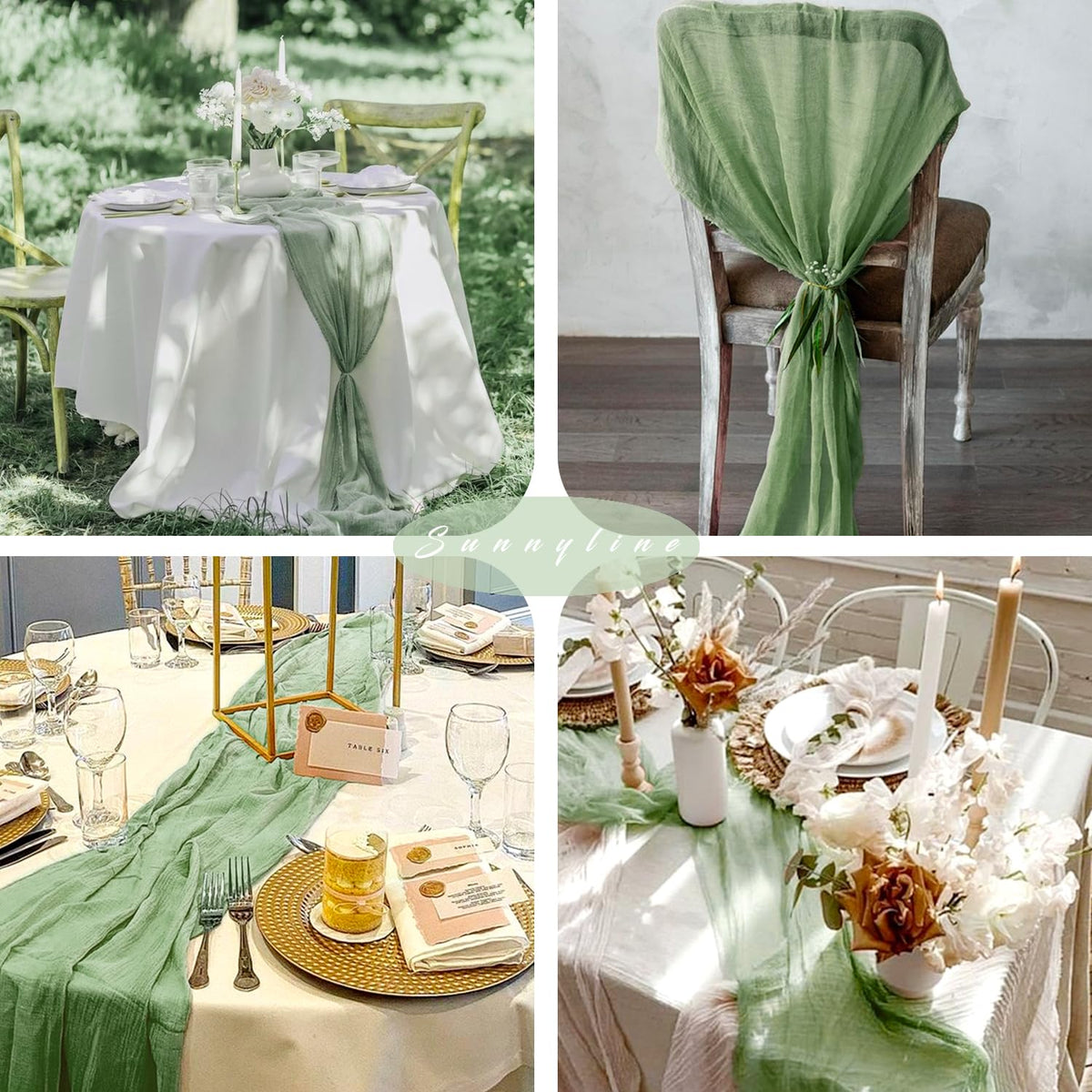 Sunnyline sage green cheesecloth table runner enhances home party decor.