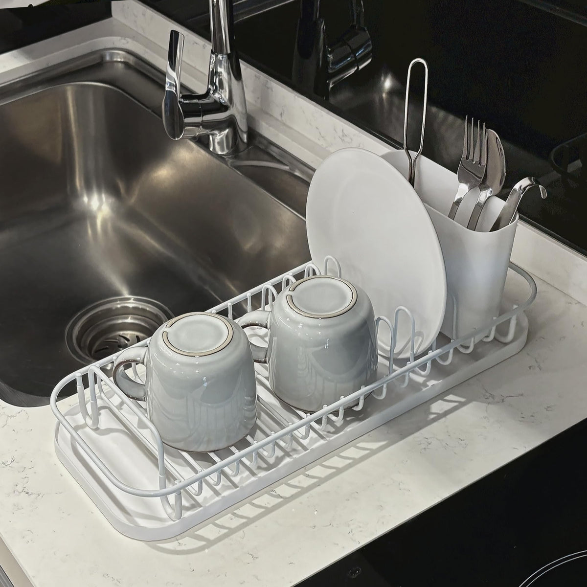 SunnyPoint NeverRust countertop dish rack fits tight kitchen spaces.