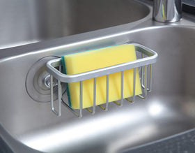 NeverRust sponge holder close-up shows rust-resistant aluminum finish for durability.