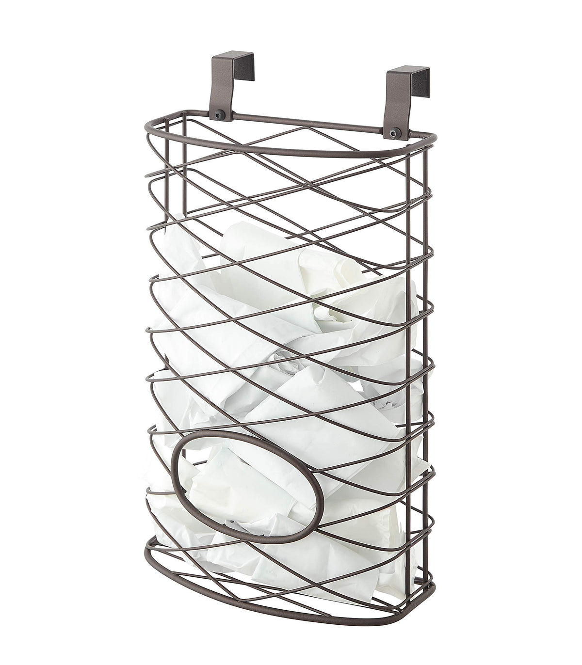 SunnyPoint over-cabinet basket hanging on a brown cabinet door stores up to 50 bags neatly.
