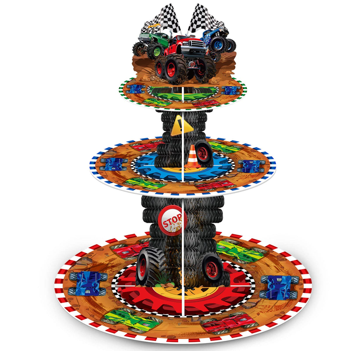 Sunnyray 3-tier truck cupcake stand showcases a tall dessert display for kids' party.