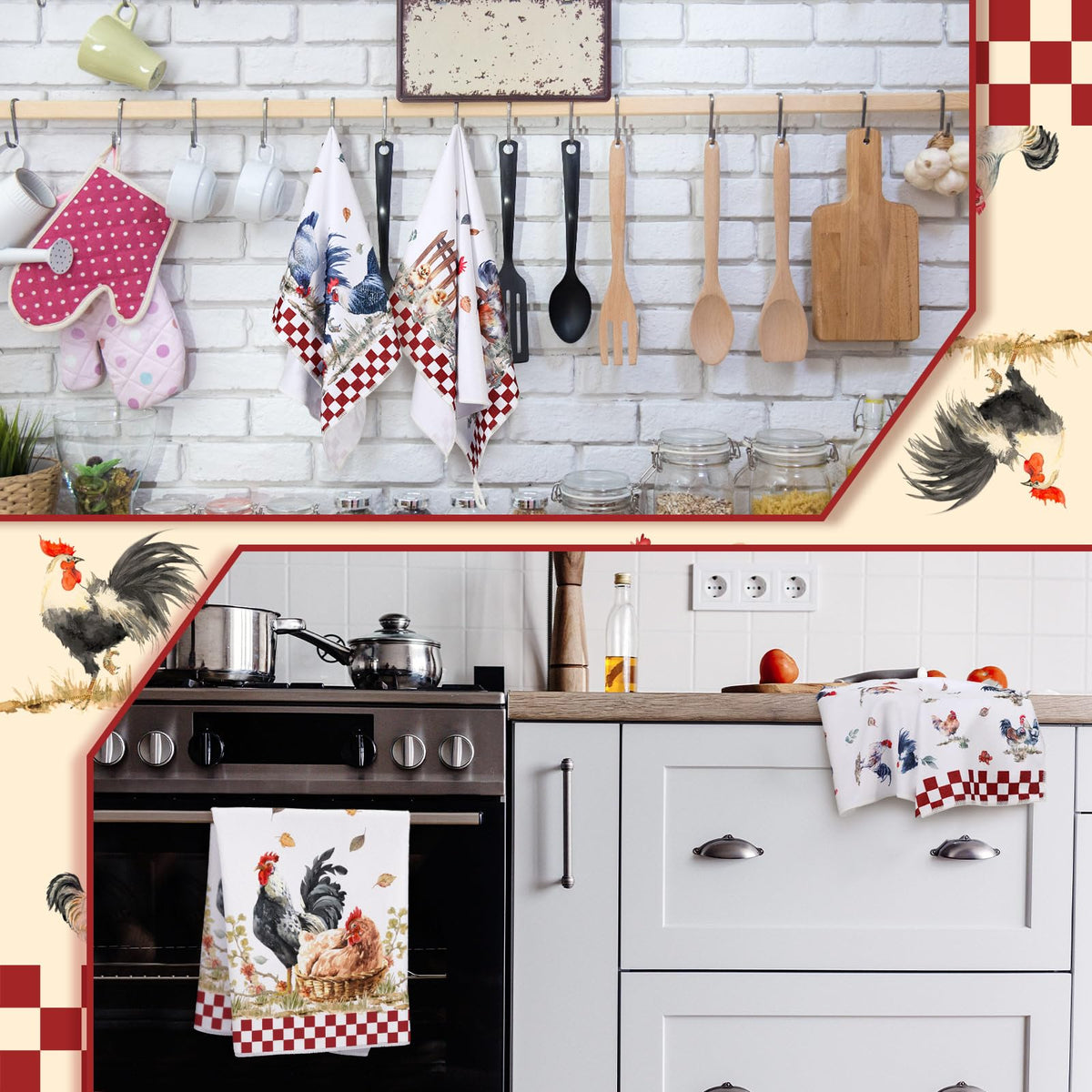 Sunnyray farmhouse-pattern towels with chickens and grasses for rustic decor and cleaning.