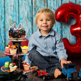 Sunnyray race car birthday supplies perfect backdrop for photos and festivities.