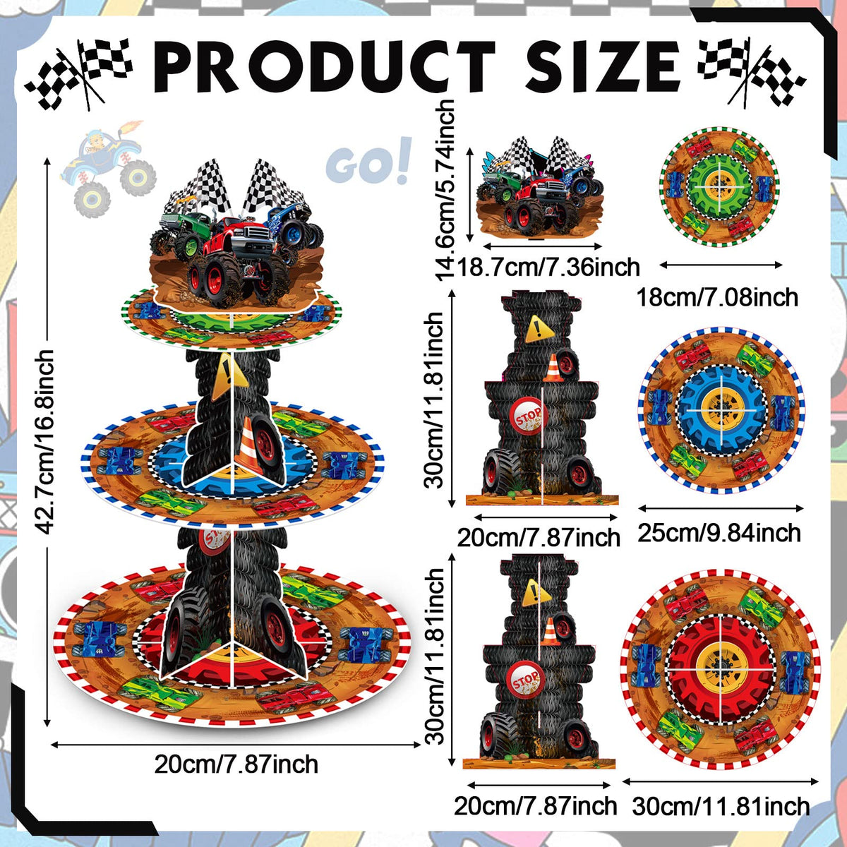 Sunnyray racing car theme decor with wheels and checkered flags boosts party vibe.