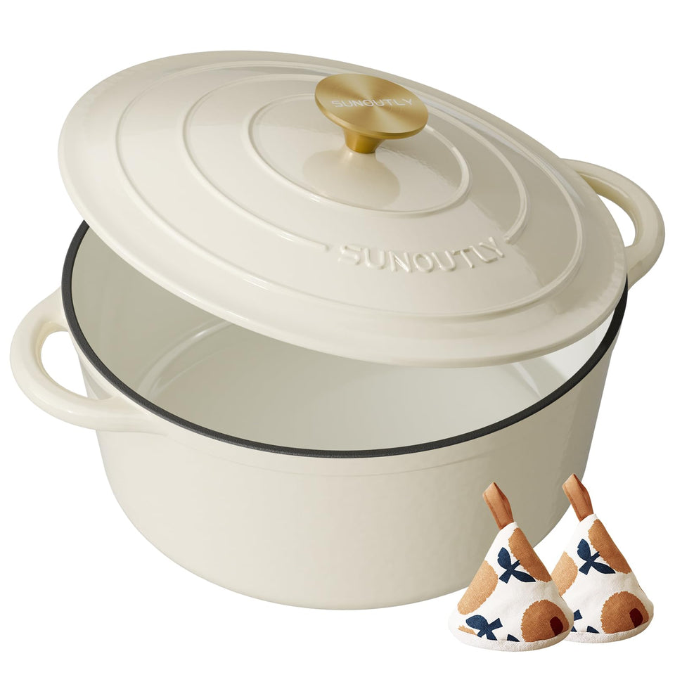 SUNOUTLY cream enamelled Dutch oven with lid, ideal for braising
