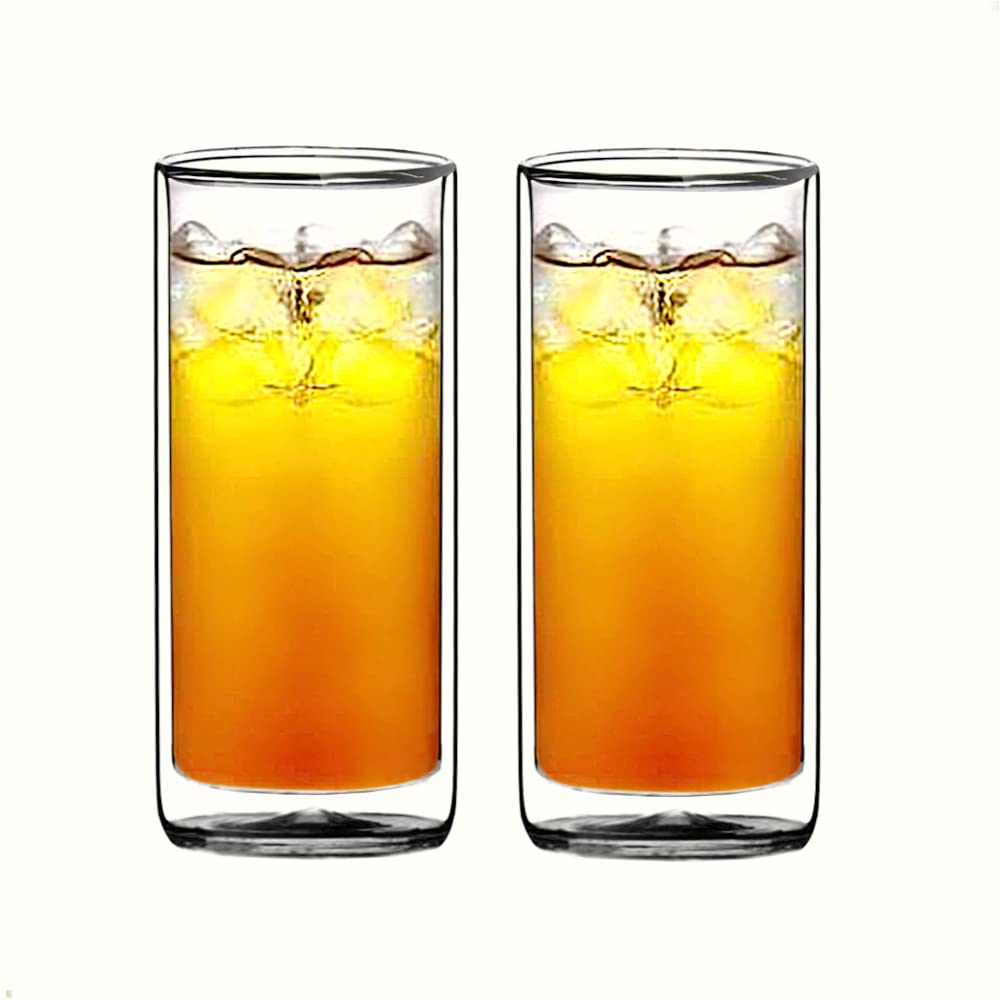 Sun's Tea two-glass Collins set on bar counter showcases 16oz capacity for versatile drinks.