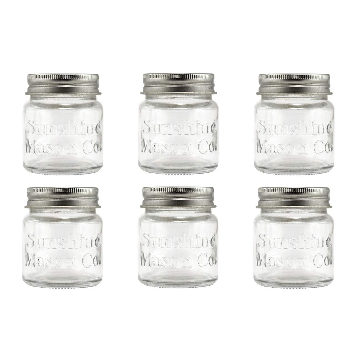 Sunshine Mason Co. mini jar shot glasses with metal lid, ideal party favors.