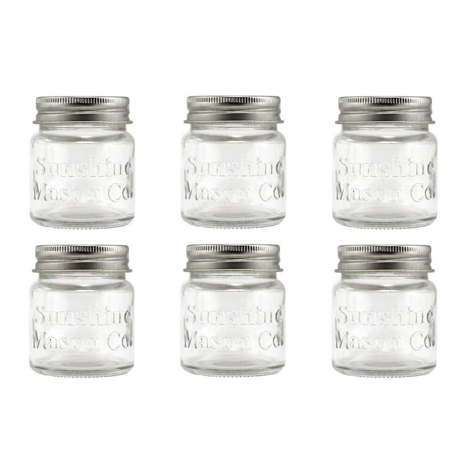 Sunshine Mason Co. mini jar shot glasses with metal lid, ideal party favors.