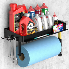 SUNTECH garage paper towel holder with shelf overview for quick access in a busy workspace