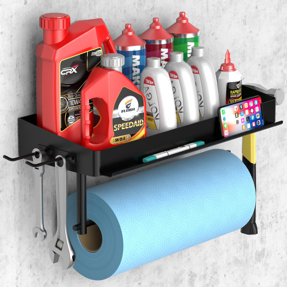 SUNTECH garage paper towel holder with shelf overview for quick access in a busy workspace
