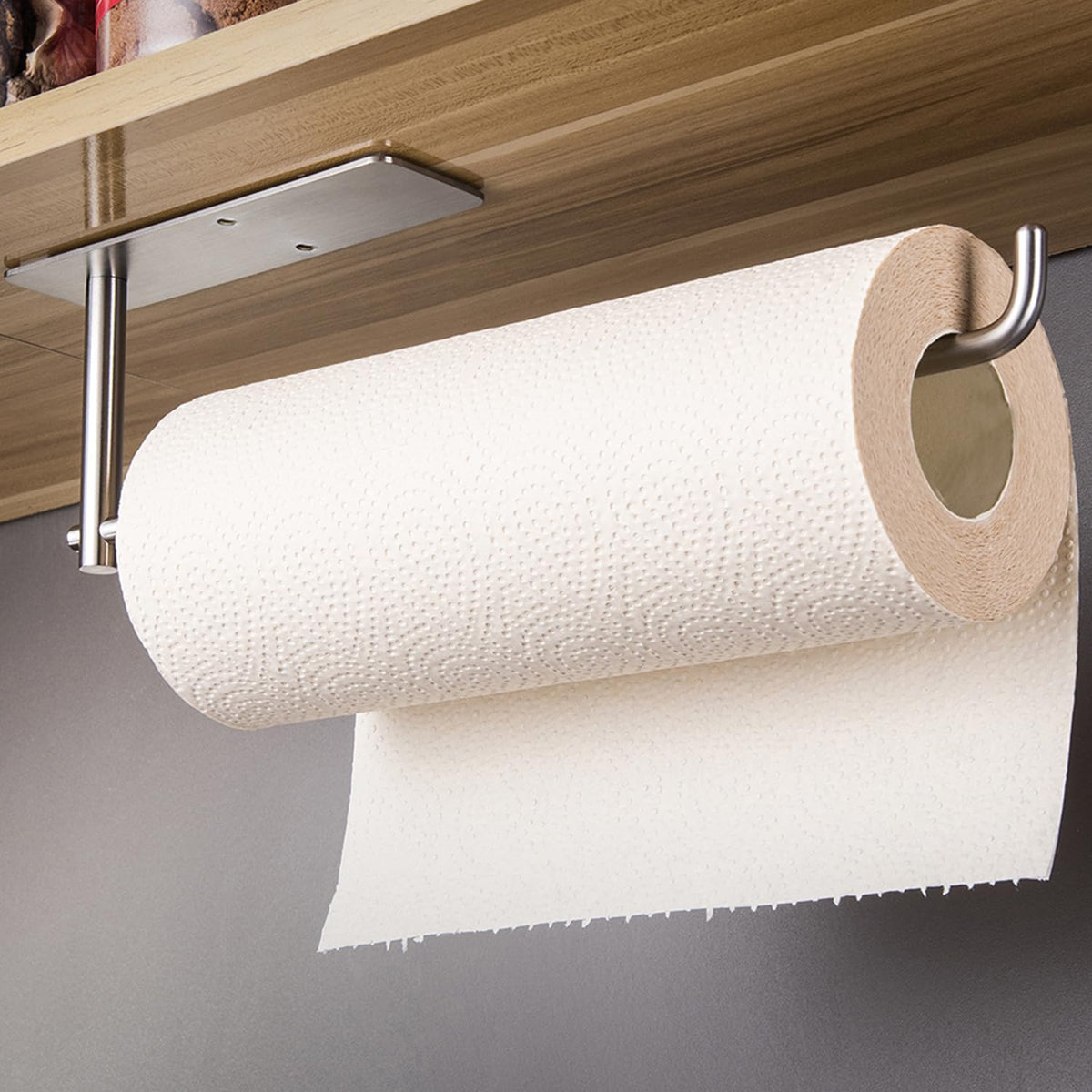 Suntech under-cabinet stainless steel holder keeps towels within easy reach and clutter-free.