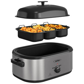 Sunvivi 24 Qt roaster oven with three compartments for multi dish serving.